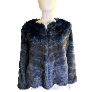 Belle Vere Womens Faux Fur Jacket Blue/Black Size L Elegant & Soft Swiftie EUC
